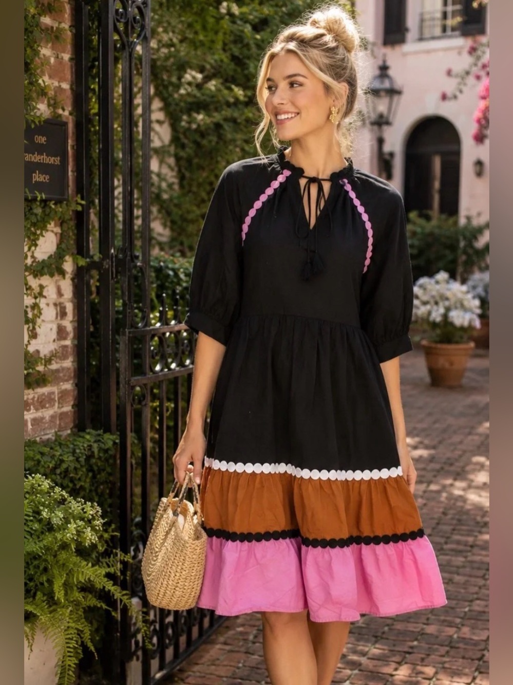 CROSBY by Mollie Burch Dress Womens M Black Pink Colorblock Ric Rac Midi Cotton